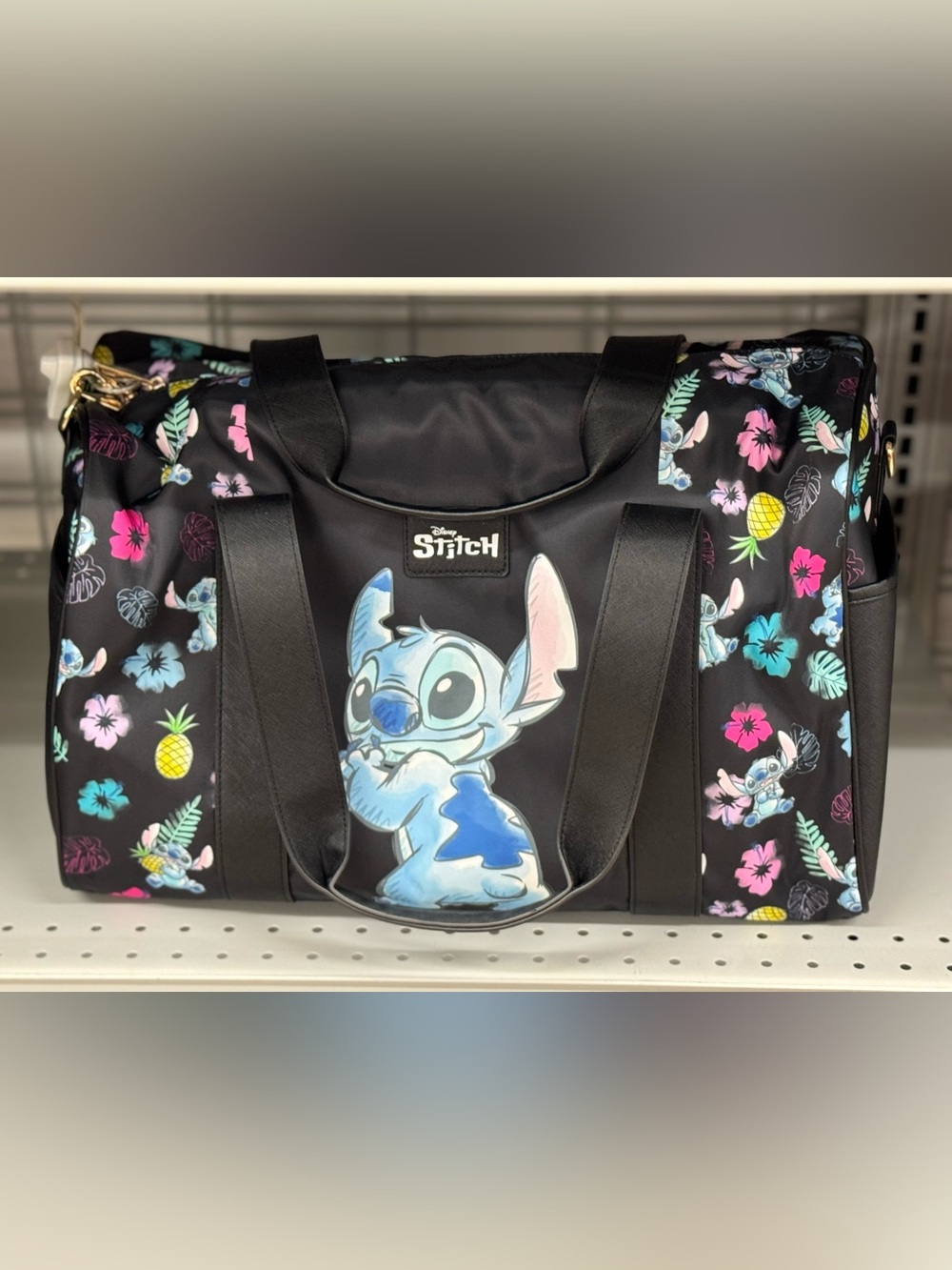 Disney Stitch Black Floral Travel duffle bag - Blue Stitch Graphic
